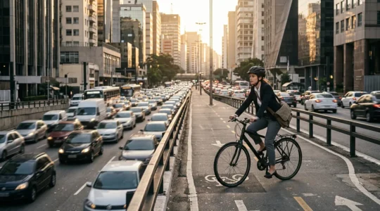 Cycliste urbain sur piste cyclable avec voiture floue en arrière-plan, économies visibles