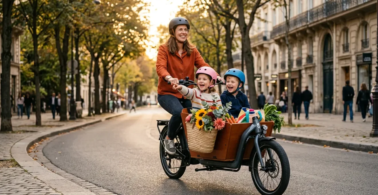 Une famille joyeuse sur un vélo cargo électrique en ville, transportant enfants et courses, illustrant la liberté de mobilité urbaine durable