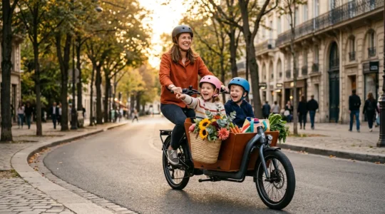 Une famille joyeuse sur un vélo cargo électrique en ville, transportant enfants et courses, illustrant la liberté de mobilité urbaine durable