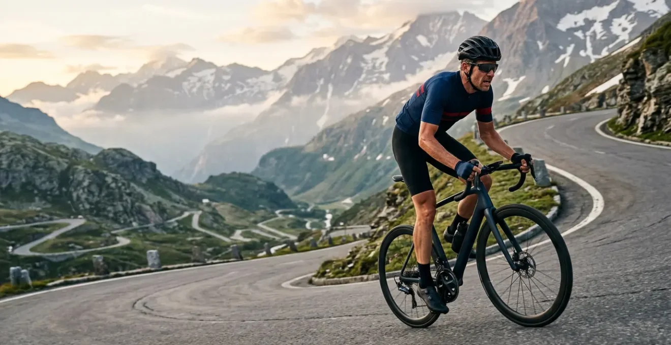 Cycliste grimpeur en danseuse dans une ascension de col avec focus sur l'effort physique