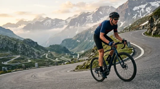 Cycliste grimpeur en danseuse dans une ascension de col avec focus sur l'effort physique
