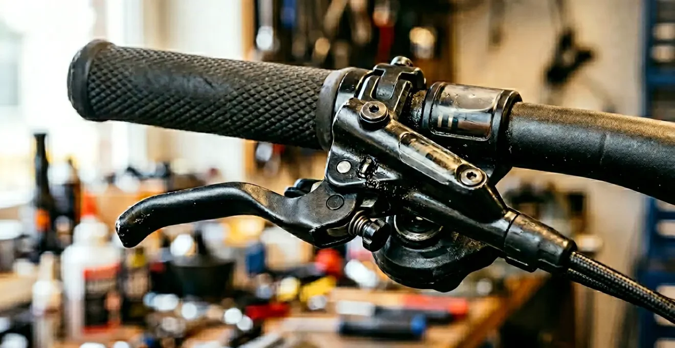 Gros plan sur un levier de frein hydraulique VTT touchant presque le guidon, avec des bulles d'air visibles dans le système