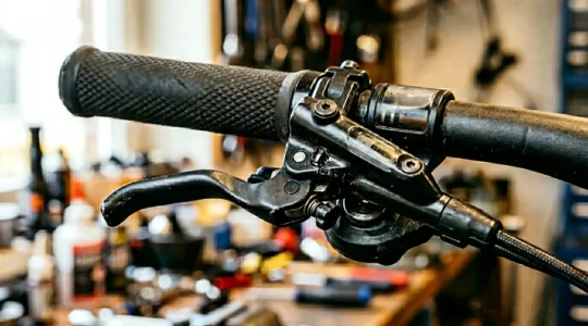 Gros plan sur un levier de frein hydraulique VTT touchant presque le guidon, avec des bulles d'air visibles dans le système
