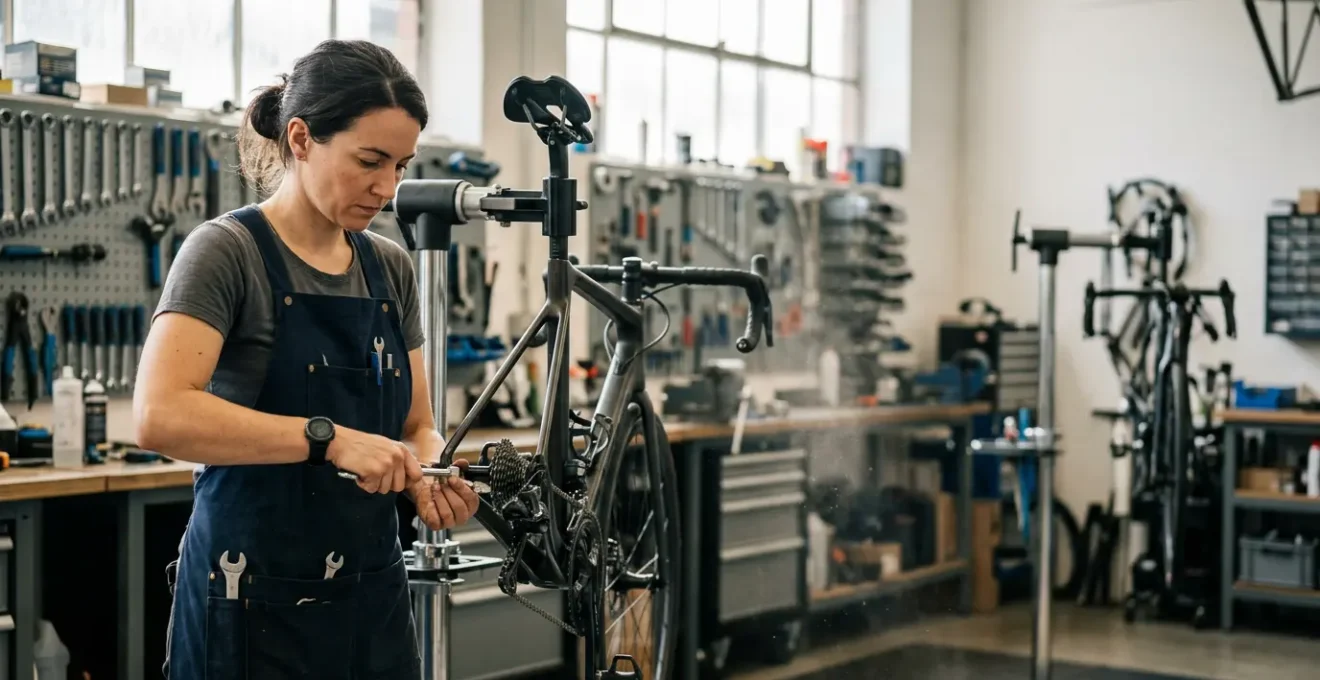 Mécanicien professionnel effectuant une révision minutieuse sur un vélo dans un atelier équipé
