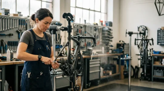Mécanicien professionnel effectuant une révision minutieuse sur un vélo dans un atelier équipé