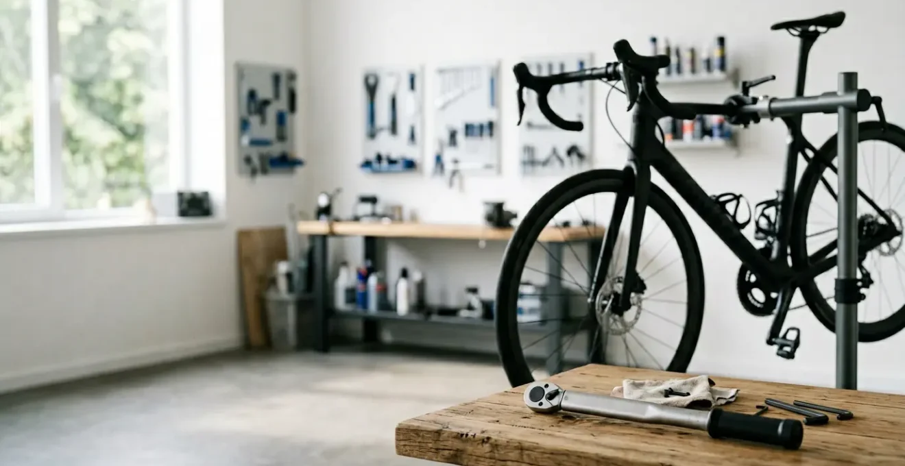 Un mécanicien professionnel utilise une clé dynamométrique pour serrer délicatement la potence d'un vélo en carbone dans un atelier bien éclairé
