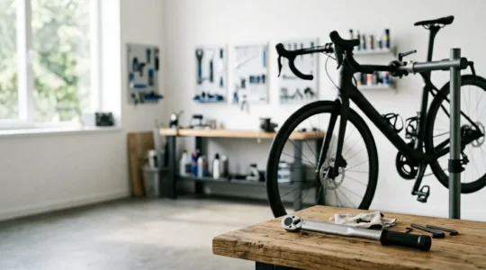 Un mécanicien professionnel utilise une clé dynamométrique pour serrer délicatement la potence d'un vélo en carbone dans un atelier bien éclairé