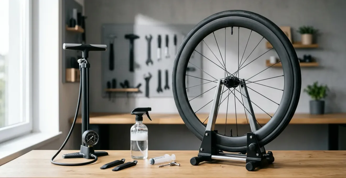 Installation de pneu tubeless sur un vélo avec pompe et outils d'atelier