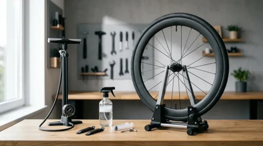 Installation de pneu tubeless sur un vélo avec pompe et outils d'atelier