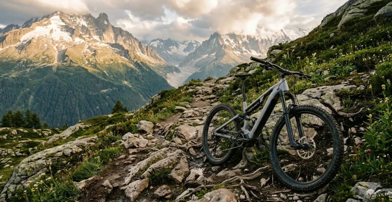 VTT électrique avec moteur pédalier en action sur un sentier de montagne technique