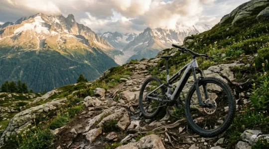 VTT électrique avec moteur pédalier en action sur un sentier de montagne technique