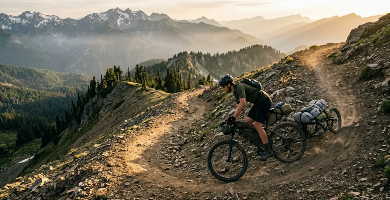 Vue latérale d'un cycliste négociant un virage serré sur un sentier de montagne avec une remorque monoroue chargée