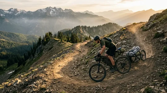 Vue latérale d'un cycliste négociant un virage serré sur un sentier de montagne avec une remorque monoroue chargée