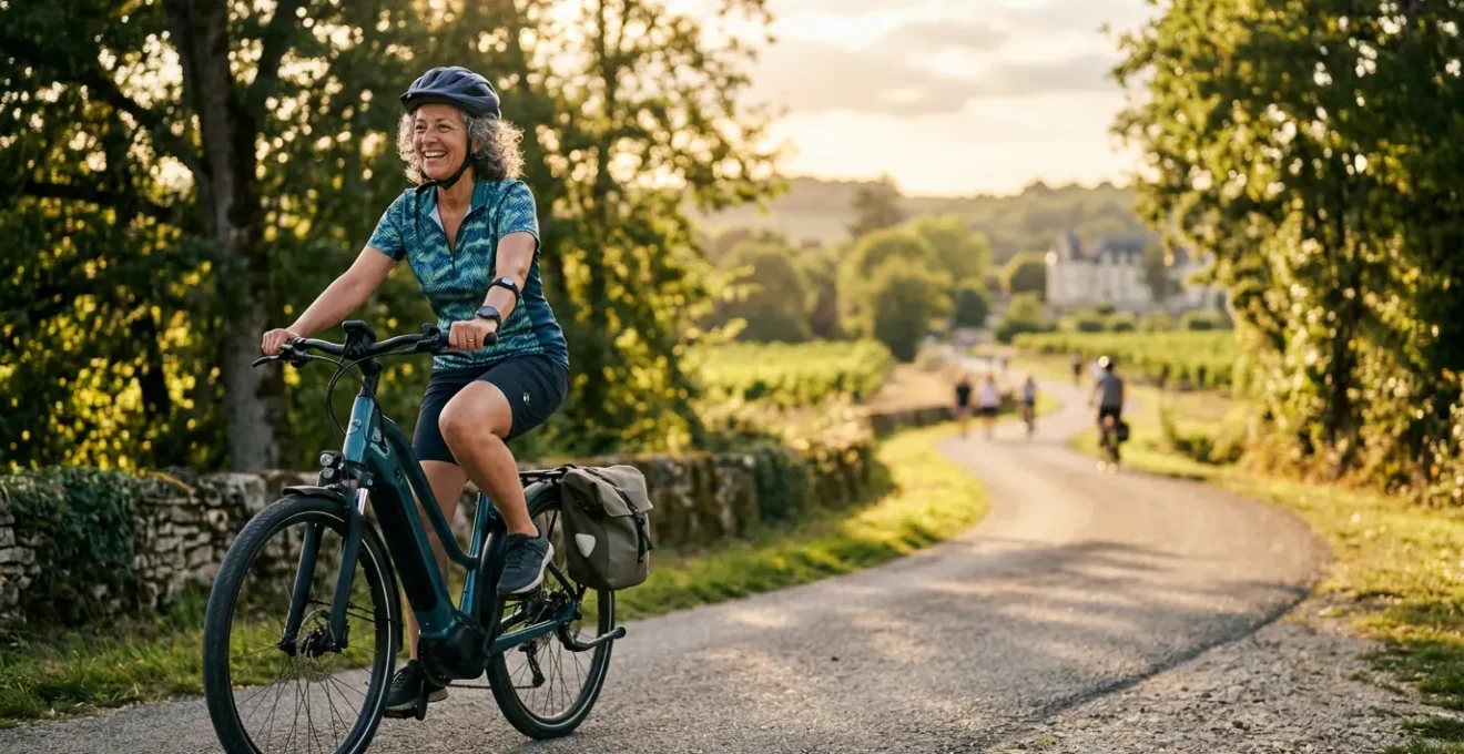 Senior dynamique sur VAE profitant d'une balade sur piste cyclable entourée de verdure