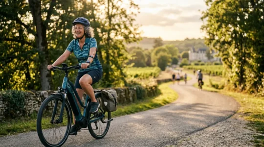 Senior dynamique sur VAE profitant d'une balade sur piste cyclable entourée de verdure