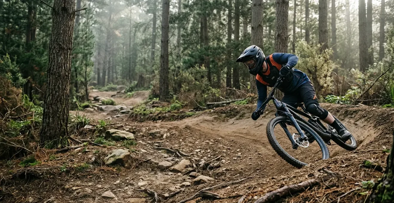 Cycliste équipé avec casque intégral et dorsale dans un virage relevé de bike park