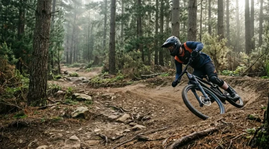 Cycliste équipé avec casque intégral et dorsale dans un virage relevé de bike park