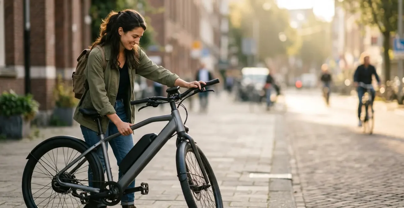 Personne testant un vélo électrique moderne avec paysage urbain en arrière-plan