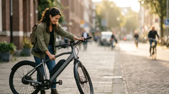 Personne testant un vélo électrique moderne avec paysage urbain en arrière-plan