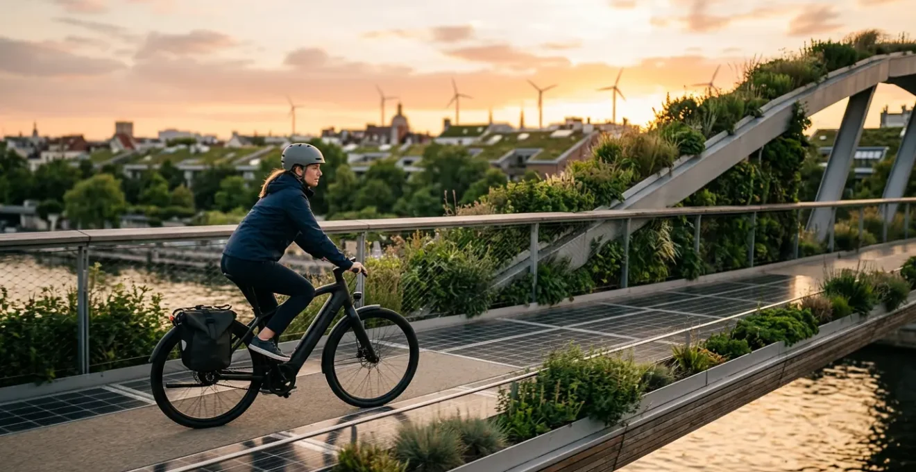 Cycliste urbain sur vélo électrique traversant un pont avec panneaux solaires et verdure urbaine en arrière-plan