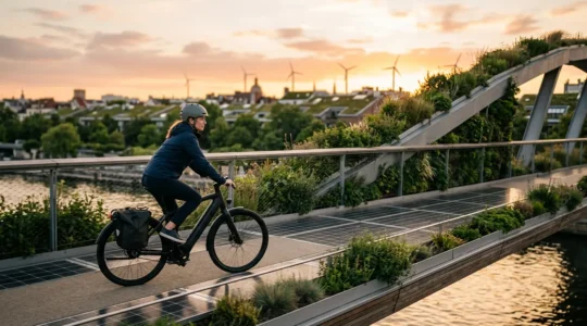 Cycliste urbain sur vélo électrique traversant un pont avec panneaux solaires et verdure urbaine en arrière-plan