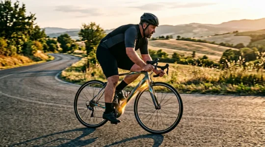 Cycliste de forte corpulence sur un vélo de route standard montrant les zones de contrainte critiques