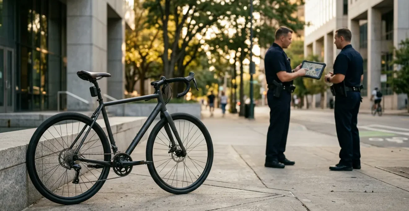 Vélo équipé d'un traceur GPS avec policiers à l'arrière-plan et carte de localisation sur smartphone