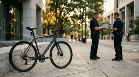 Vélo équipé d'un traceur GPS avec policiers à l'arrière-plan et carte de localisation sur smartphone