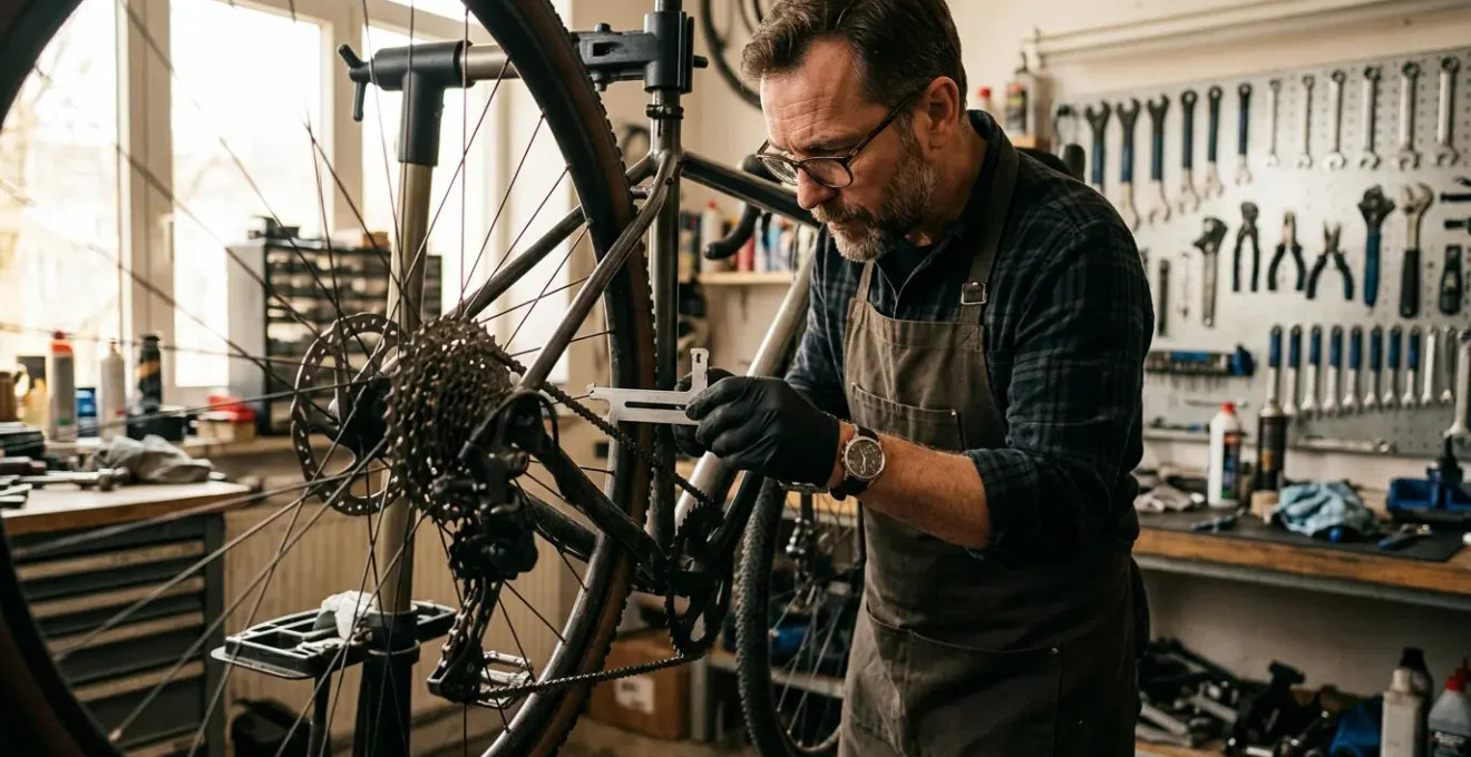 Mécanicien expert vérifiant l'usure d'une transmission de vélo dans un atelier professionnel