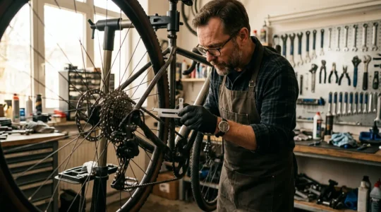 Mécanicien expert vérifiant l'usure d'une transmission de vélo dans un atelier professionnel