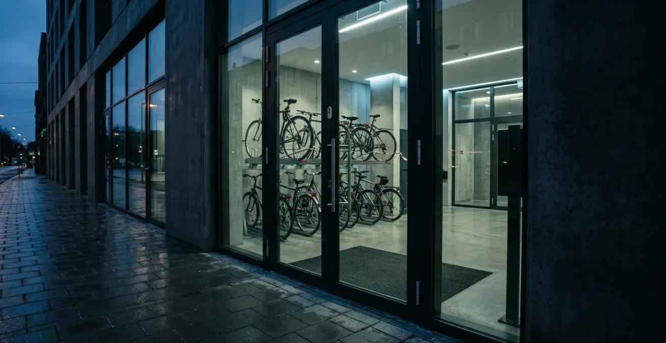 Scène de surveillance indirecte d'un local à vélos dans un hall d'immeuble avec ambiance nocturne