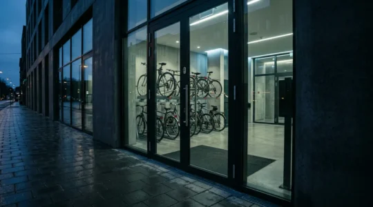 Scène de surveillance indirecte d'un local à vélos dans un hall d'immeuble avec ambiance nocturne
