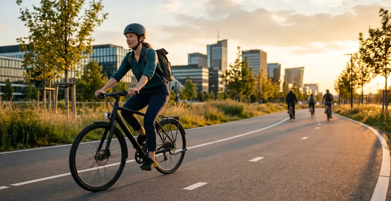 Cycliste en tenue professionnelle pédalant sur une piste cyclable urbaine au lever du soleil