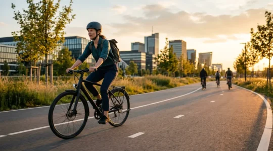 Cycliste en tenue professionnelle pédalant sur une piste cyclable urbaine au lever du soleil