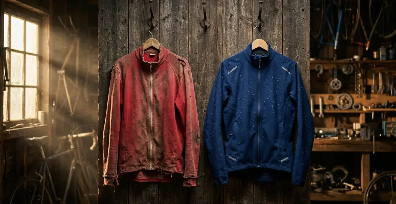 Comparaison visuelle d'une veste technique usée et d'une veste de qualité après 3 ans d'utilisation intensive