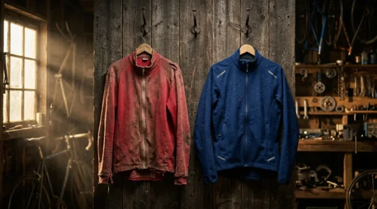 Comparaison visuelle d'une veste technique usée et d'une veste de qualité après 3 ans d'utilisation intensive