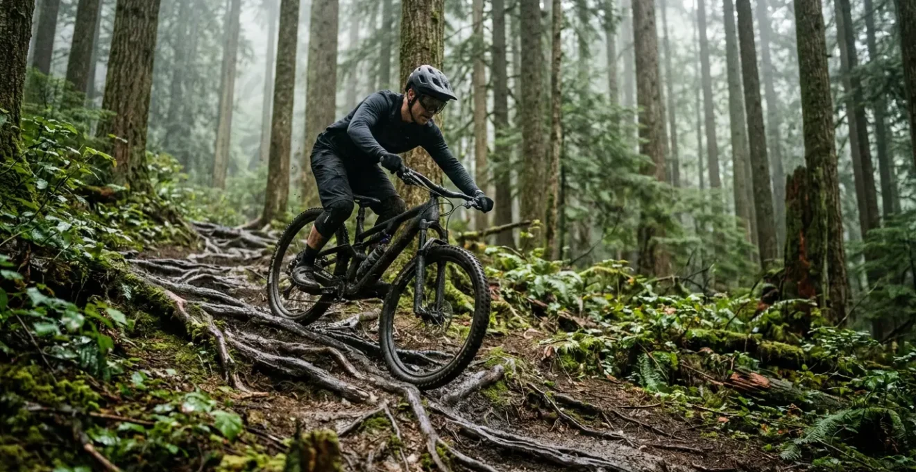 Vététiste en descente technique franchissant des racines humides en forêt