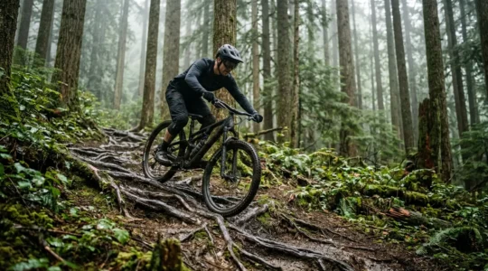 Vététiste en descente technique franchissant des racines humides en forêt