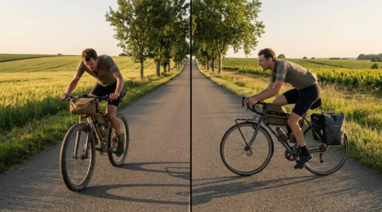 Comparaison visuelle entre un VTT et un vélo de randonnée sur route de campagne