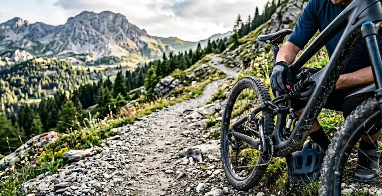 Cycliste VTT ajustant son amortisseur arrière sur un sentier de montagne