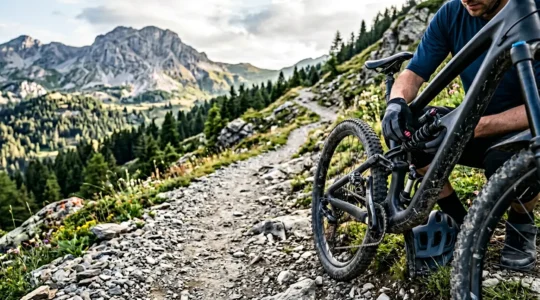 Cycliste VTT ajustant son amortisseur arrière sur un sentier de montagne