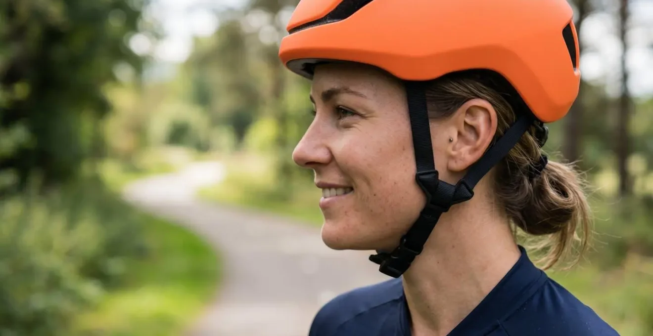 Vue latérale d'une personne portant un casque montrant le bon positionnement des sangles en Y sous l'oreille