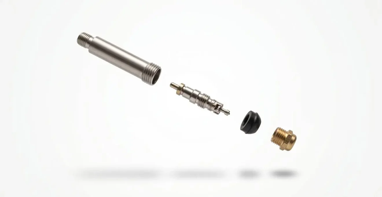 Vue éclatée d'une valve Presta tubeless montrant l'obus, le corps et les joints