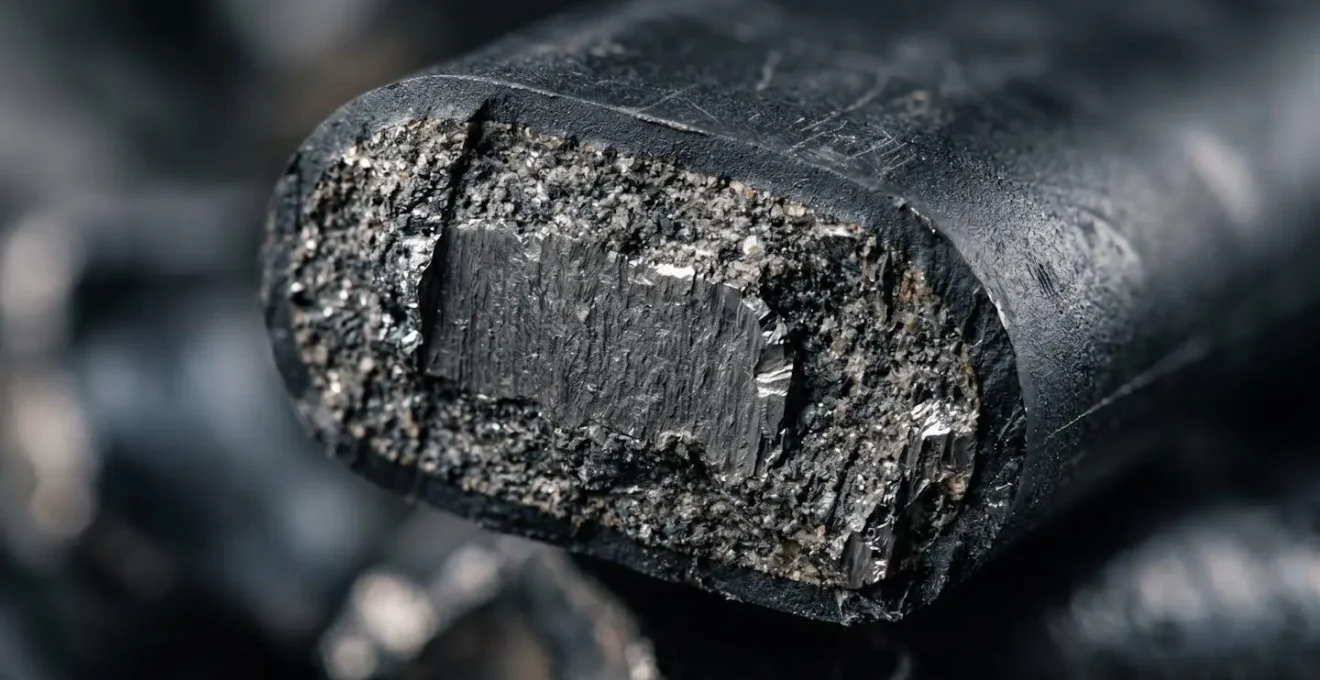 Gros plan macro sur la structure composite d'un antivol U haute sécurité avec textures métalliques et céramiques