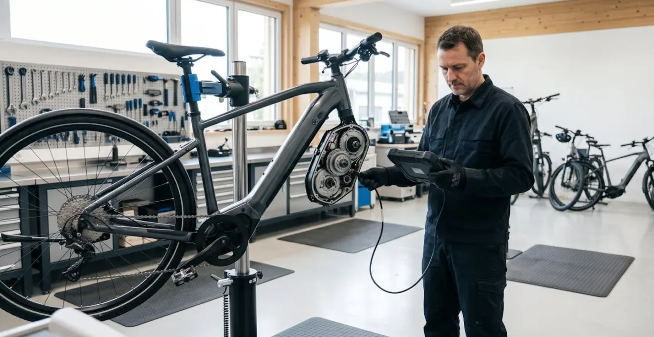Atelier vélo professionnel avec mécanicien utilisant une valise de diagnostic électronique sur un VAE