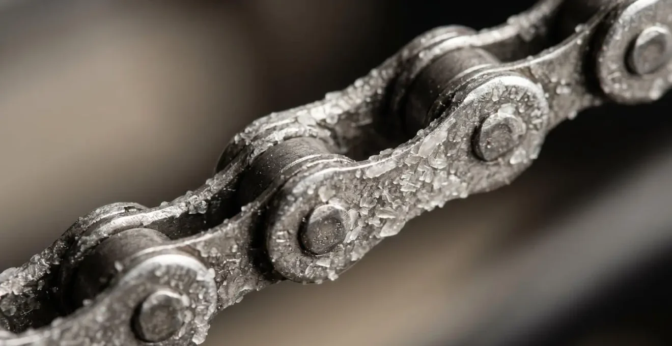 Vue macro d'une chaîne de vélo avec couche de cire protectrice visible