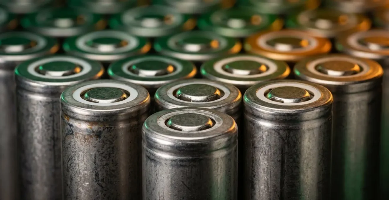 Gros plan macro sur des cellules lithium-ion avec des indicateurs de charge partiels visibles