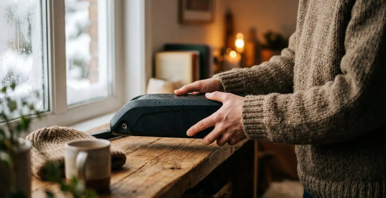 Batterie de vélo électrique stockée à l'intérieur pendant l'hiver