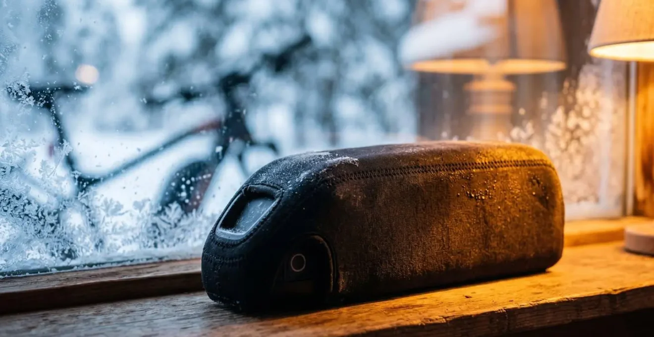 Batterie de vélo électrique avec housse de protection néoprène dans un environnement hivernal