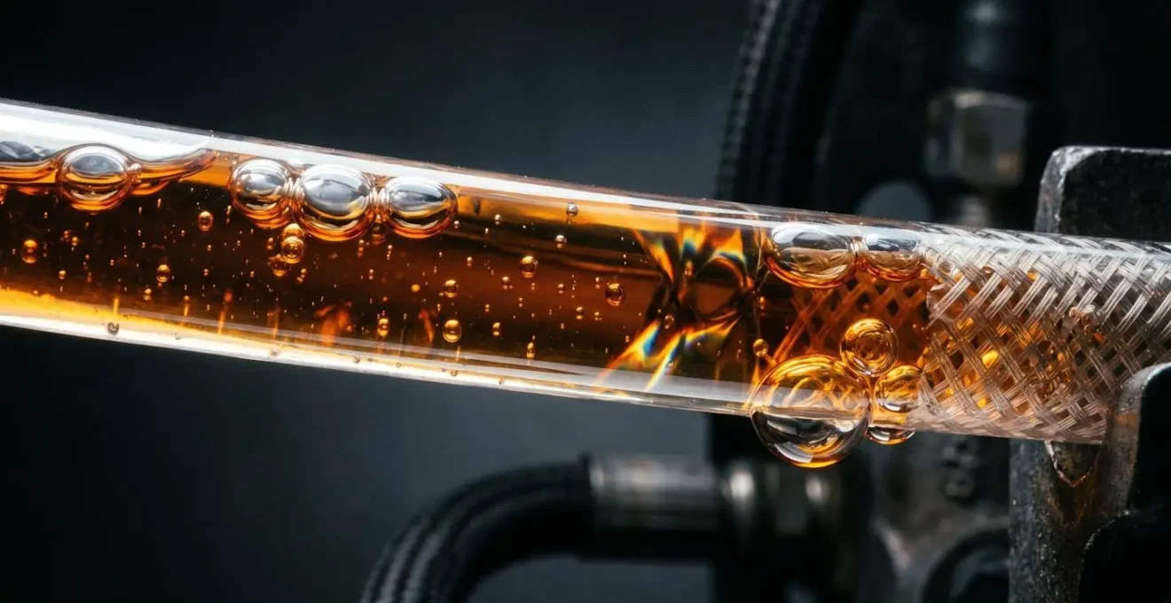 Coupe transversale d'un circuit de frein hydraulique montrant des bulles d'air piégées